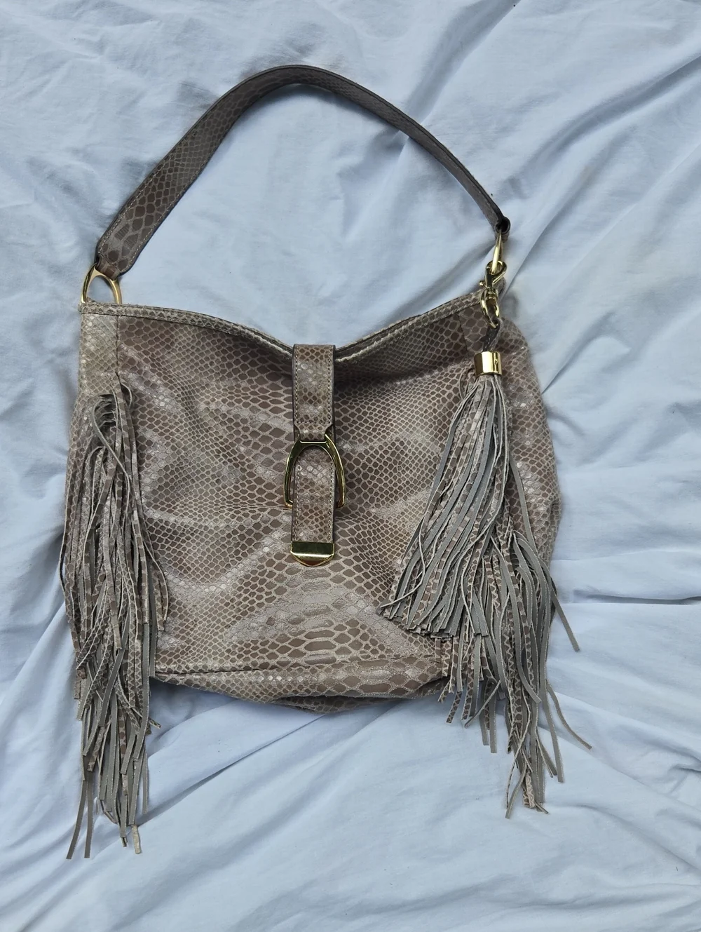 G.I.L.I. Taupe Snake-Embossed Fringe Shoulder Bag